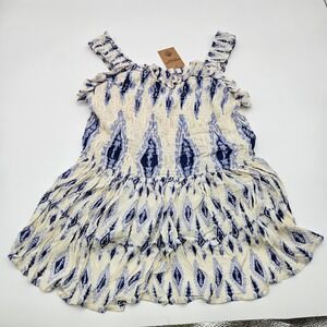 Romantic Gypsy Geometric Printed Ruffle Tiered Dress‎ Ivory Blue 1X